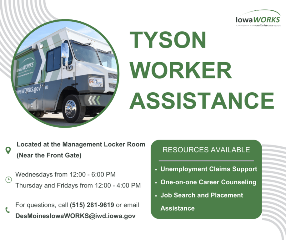 Flyer that shows information about the IowaWORKS Transition Center at Tyson